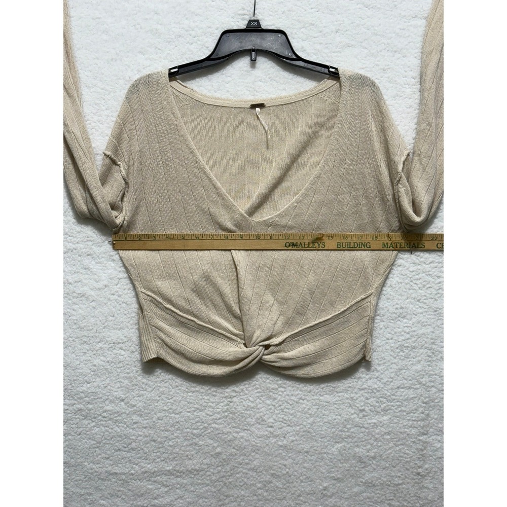 Free People Knot Front Long Sleeve Top Ribbed Knit Crop Beige Medium - Picture 6 of 8